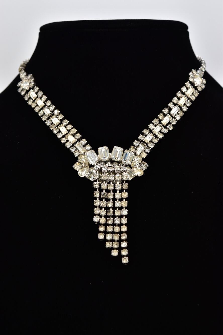 Vintage Rhinestone Waterfall Fringe Collar Necklace Crystal Bridal 1960s BinBM